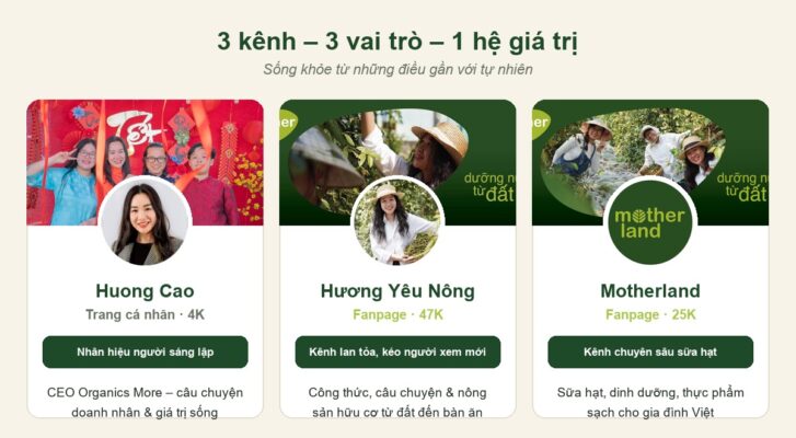 Chiến lược xây kênh Facebook gồm trang cá nhân Huong Cao, fanpage Hương Yêu Nông và fanpage Motherland, mỗi kênh một vai trò