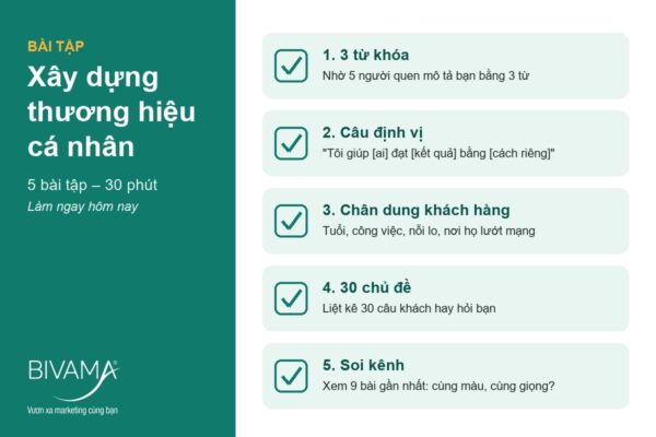 5 bài tập xây dựng thương hiệu cá nhân trong 30 phút: 3 từ khóa, câu định vị, chân dung khách hàng, 30 chủ đề, soi kênh