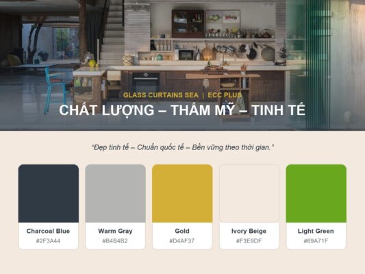 Chiến lược thương hiệu doanh nghiệp Glass Curtains SEA với thông điệp Chất lượng – Thẩm mỹ – Tinh tế và bảng màu thương hiệu 5 màu