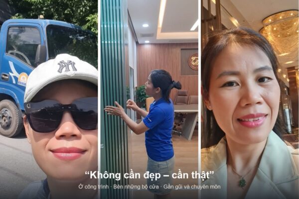 Hình ảnh thật của nữ CEO ngành cửa Dương Thị Thủy tại công trường, bên cửa kính xếp trượt và chân dung